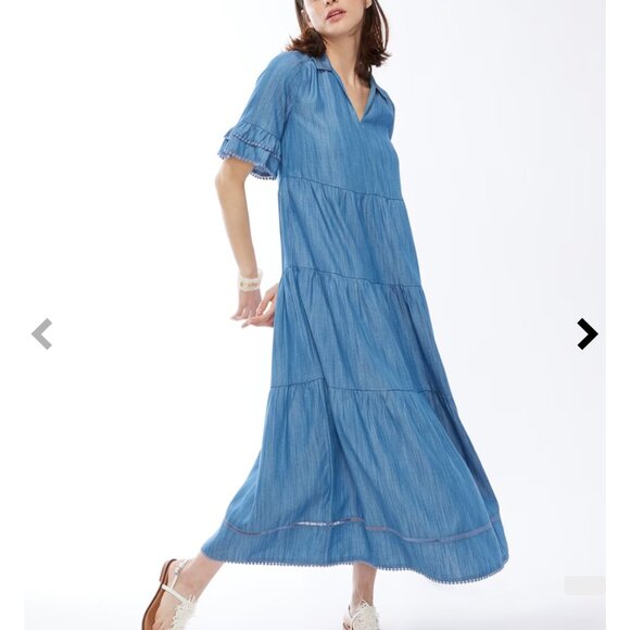 Chico's Chambray Tencel Tiered Maxi Sundress Ruffle Sleeves Sz 6 - Picture 2 of 10